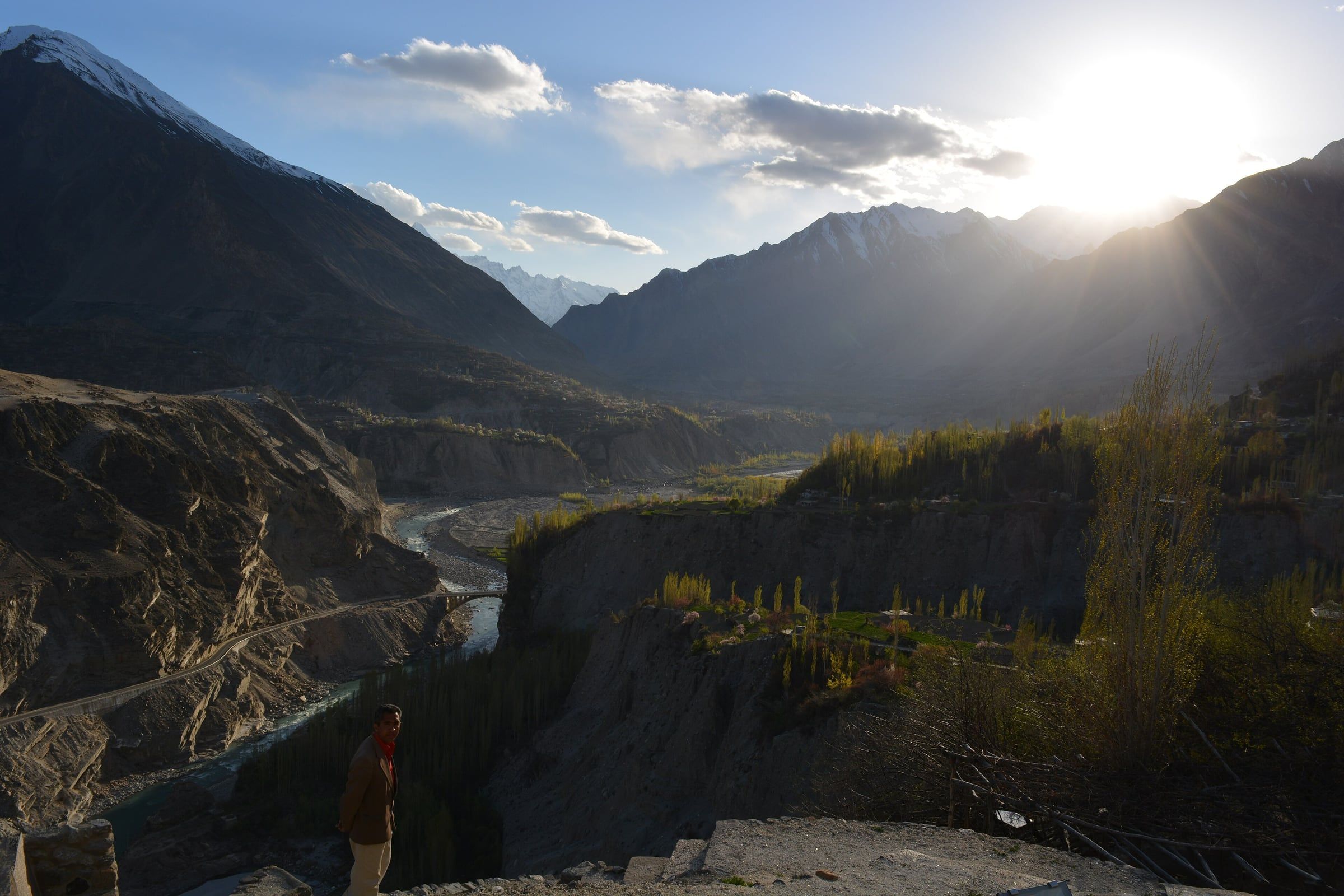 Late sun breaking over the mountains of the Hunza valley